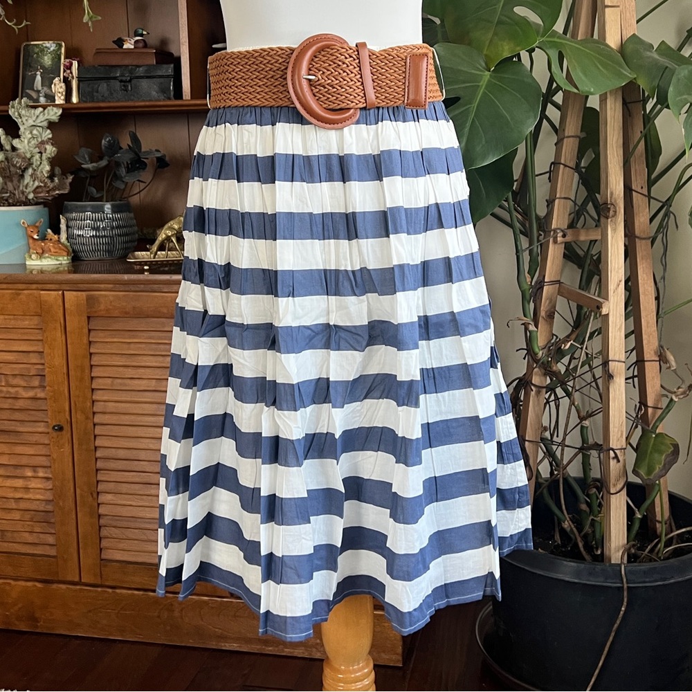 *Remain Knee Length Striped Blue & White Skirt with Brown Woven Wide Belt S - Picture 3 of 11